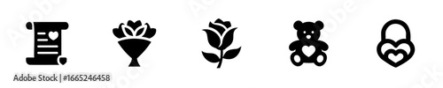 Icons a scroll a bouquet a rose a teddy bear a heart lock paper love