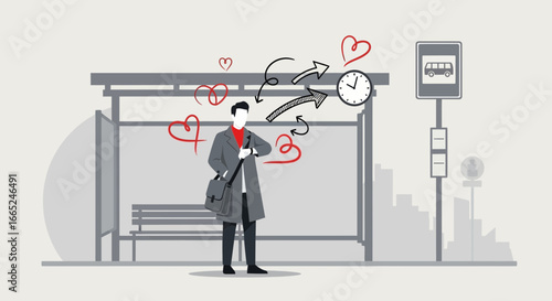 Illustration of a man waiting at a bus stop with hearts and time concept