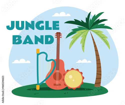 Musical instruments on jungle meadow. Jungle band concept. Vector cartoon graphic illustration
