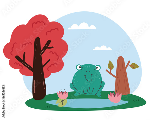 Frog in autumn swamp forest flat style simple design concept. Vector cartoon graphic illustration
