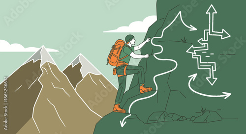 Illustration of a mountain climber facing challenging paths and decision-making ahead