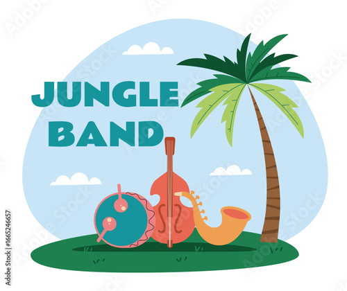 Musical instruments on jungle meadow. Jungle band concept. Vector cartoon graphic illustration