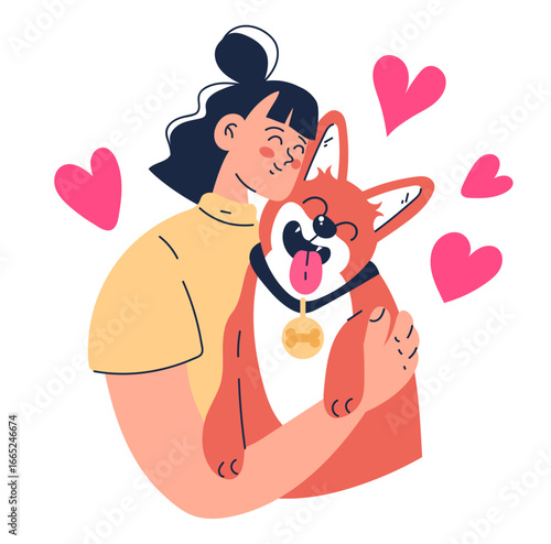 Loving dog owner holding cat pet on hand flat style simple design concept. Vector cartoon graphic illustration