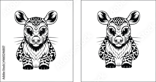 Two black and white cartoon animals with patterned fur in separate square frames labeled poter and ceps