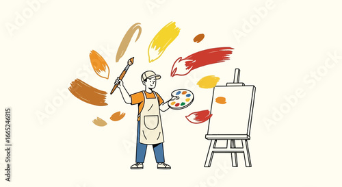 Illustration of a painter with brush, palette, and easel ready for artistic creation