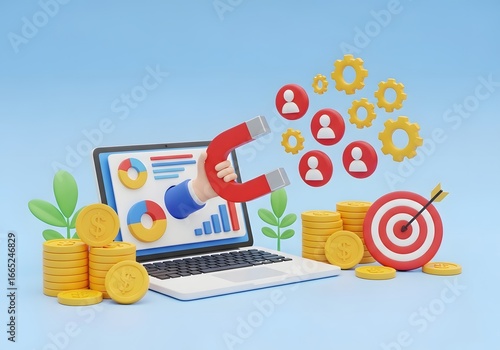 Attracting customers with digital marketing strategy, lead generation, and online business growth using magnet and target