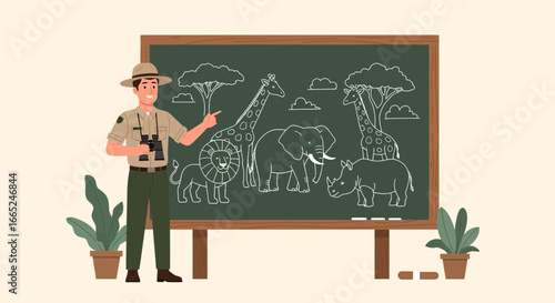 Illustration of a park ranger explaining safari animals on a chalkboard to visitors