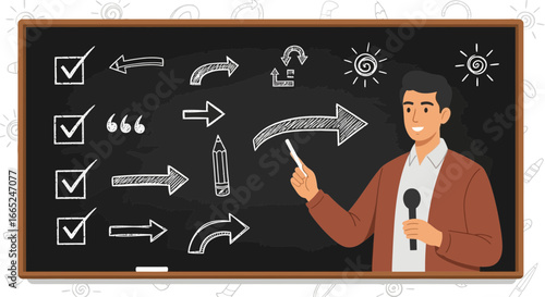 Illustration of a presenter using a chalkboard with handwritten directions and symbols