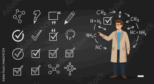 Illustration of a scientist explaining chemical formulas on a blackboard concept for educational