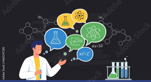Illustration of a scientist explaining scientific concepts and chemical experiments background