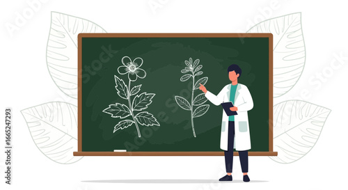 Illustration of a scientist explaining plant structure on a chalkboard in classroom