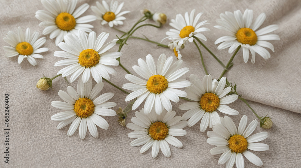Obraz premium Close-up of Chamomile Flowers on Pale Linen