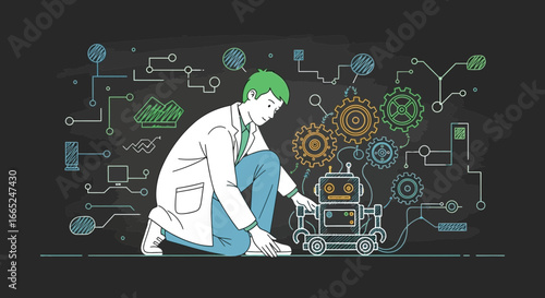 Illustration of a scientist working on a robot in a lab with complex diagrams