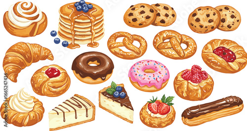 Watercolor bakery sweets set, donuts, cookies, croissants, pretzels, cheesecake, cupcakes, eclairs, pancakes, pastries, hand-painted breakfast food clipart