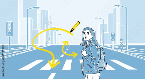 Illustration of a student planning her safe pedestrian route in urban setting