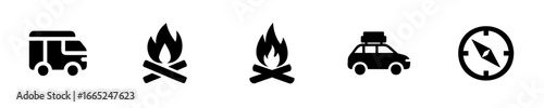 Icons camper van campfire car with luggage compass vector