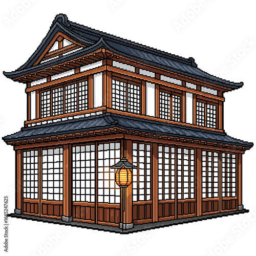 Illustration of a two-story traditional Japanese building with dark roof tiles and wooden frame, featuring a hanging lantern.
