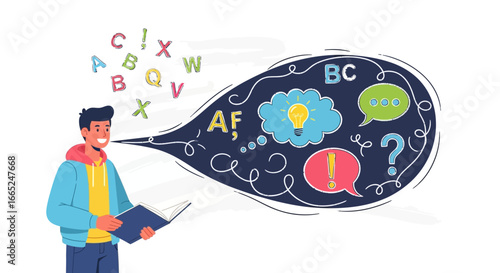 Illustration of a student reading aloud and generating new ideas and solutions