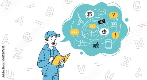 Illustration of a student studying languages with vocabulary and icons above his head a new