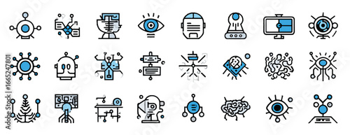 Set of Artificial Intelligence Icons Exploring Machine Learning and Deep Learning Concepts in Modern Technology