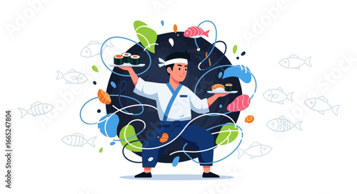 Illustration of a sushi chef balancing plates of sushi with decorative elements