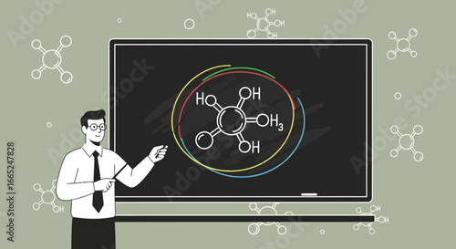 Illustration of a teacher explaining a chemical formula on a blackboard in a classroom setting