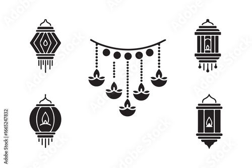 Black silhouette of Diwali lanterns and diyas on white