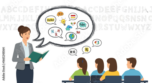 Illustration of a teacher teaching languages to students in a classroom setting vector design