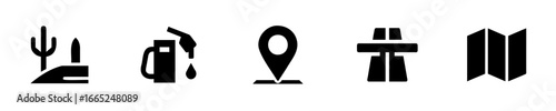 Icons desert cactus gas station map highway overpass fuel