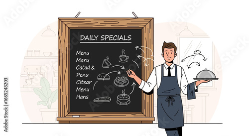 Illustration of a waiter presenting daily specials written on a chalkboard in a restaurant scene