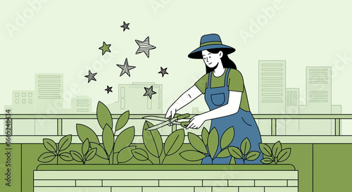 Illustration of a woman gardening on a rooftop with city buildings in background