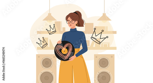 Illustration of a woman holding vinyl record with heart design surrounded by speakers
