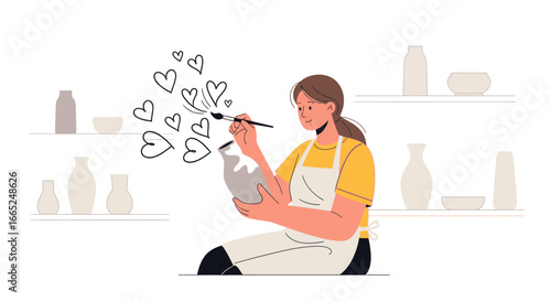 Illustration of a woman painting hearts on a vase in a cozy studio setting
