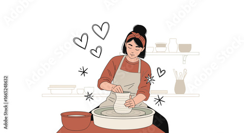 Illustration of a woman making pottery on a wheel with love and care in studio