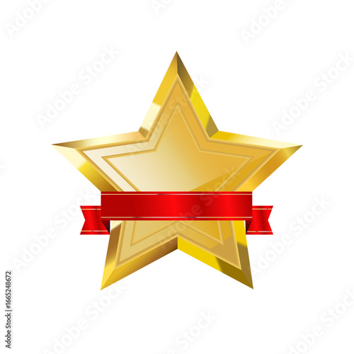 Realistic golden star with red satin ribbon. Element with metallic effect for award, medal, rating, status designation isolated on white background.