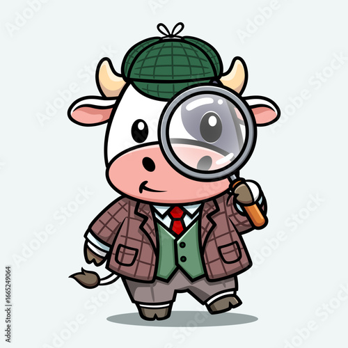 cute cartoon little cow in detective suit, looking for items with a magnifying glass. funny animal in search on white background . vector cartoon character illustration.