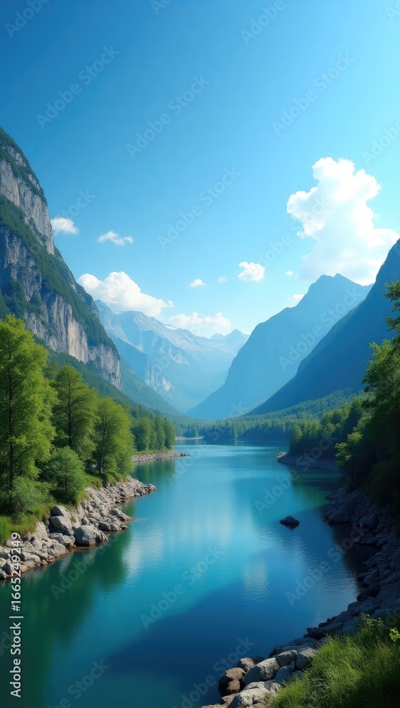 Fototapeta premium Serene mountain lake scenery with lush vegetation.