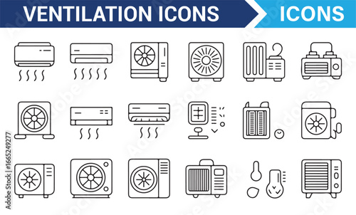Air flow and ventilation system icons for residential and commercial use