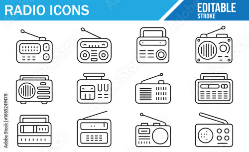 A Complete Set of Radio Icons with Editable Line Drawing Design