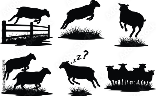 Dynamic silhouettes of sheep jumping over fences and grazing in grassy fields