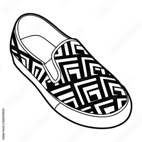 Vector illustration of a slip-on shoe with a geometric pattern, isolated on a white background.
