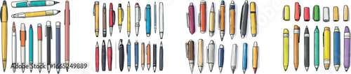 A modern illustration shows a large set of office pens in various colors, accompanied by an engineering pencil and a marker, all used for creating a simple one-line drawing on a white isolated