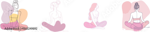 A modern illustration presents a woman in a dress, seated on the floor, with a simple line art design on a white isolated background, and her hands clasped tightly around her knees