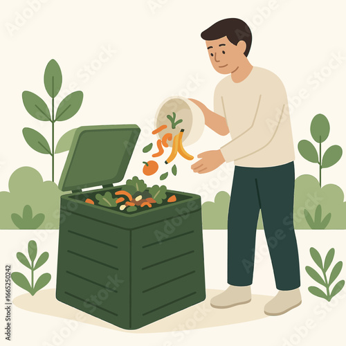 Man composting kitchen waste in eco-friendly garden setting