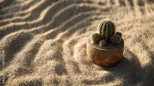 Cacti grow on a smooth stone pot surrounded by rippling sand dunes during golden hour