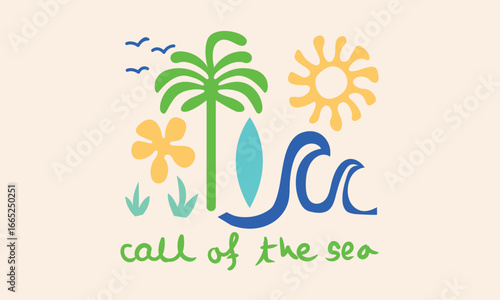Call of the sea. Sunshine paradise graphic print design. Tropical palm tree design. Beach modern abstract art. Sunshine on my mind. Summer vibes artwork. 