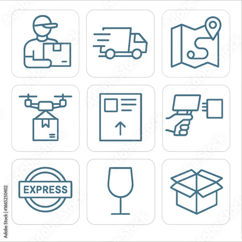 Modern delivery icons featuring shipping, logistics, and parcel services in blue
