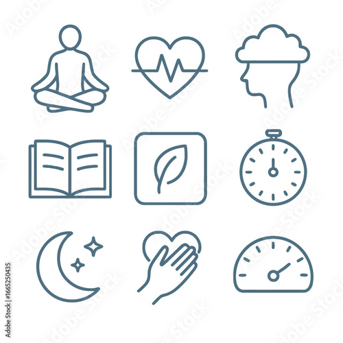Minimalist wellness icons set for mindfulness, health, meditation, and lifestyle