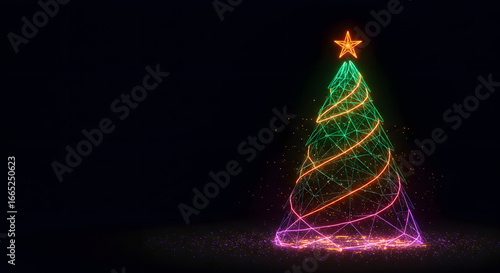 Modern Christmas tree with glowing neon lights and star on a dark background for holiday design