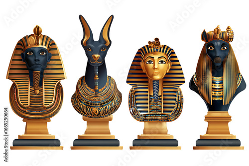 Ancient Egyptian Busts and Pharaoh Masks Set isolated on white transparent background